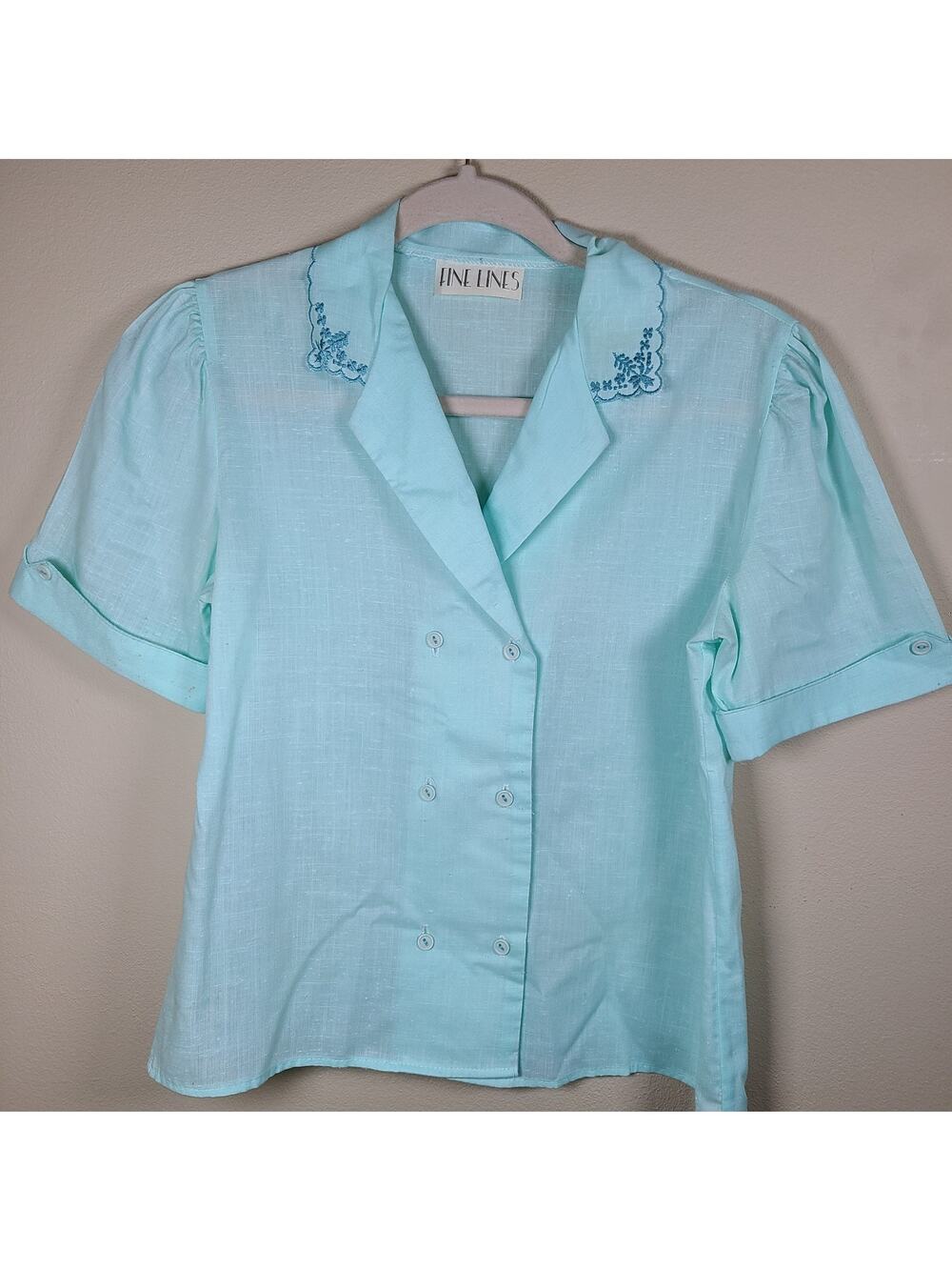 VTG 70s Fine Lines Button Up Embroidered Blouse Women's SM Blue Double Button